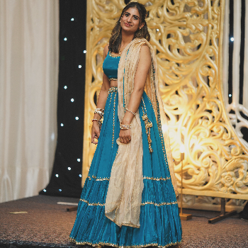 Transform Your Celebrations with the Timeless Elegance of a Peacock Blue and Golden Lehenga