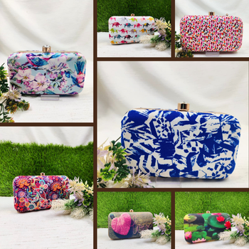 Printed Box Clutch – 8x5 Inch Crepe Digital Print Clutch with Sling Chain | A V ENTERPRISES | DWARIKAPURI S 50 LANE NO 7 OPPOSITE RPA ROAD SANJAY COLONY PANIPECH LANDMARK Near Radha Krishan Mandir