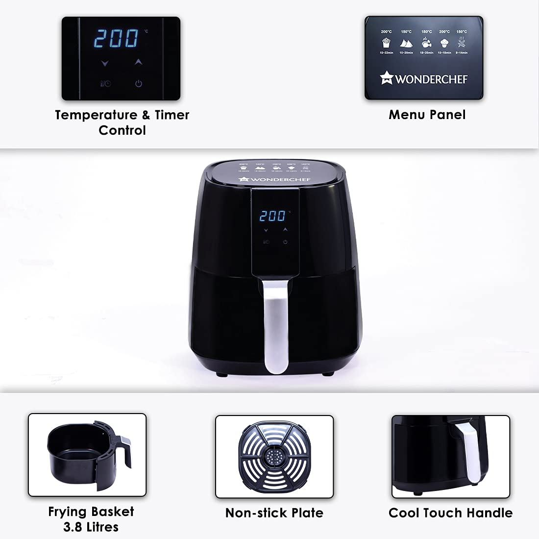 Wonderchef Prato Air Fryer, 3.8 Litres Non-Stick Basket, Auto shut-off, Timer And Temperature Control, 1 Years Warranty, 1450W, Black-https://media.vyaparify.com/vcards/products/231253/product_1747235160_6824b158b83b0.png Image