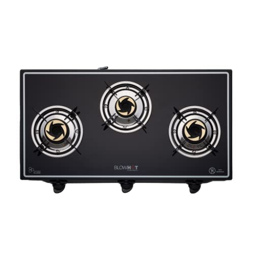 BlowHot Opal 3 Burner Manual Ignition Gas Stove, Toughened Glass, Heavy Tornado Brass Burners, Black Powder Coated Body, ISI Certified, 1 Yr General Warranty (Burner, Gas Valve & Glass - 2 Yr)-https://media.vyaparify.com/vcards/products/232920/product_1747297485_6825a4cdb35ef.png Image