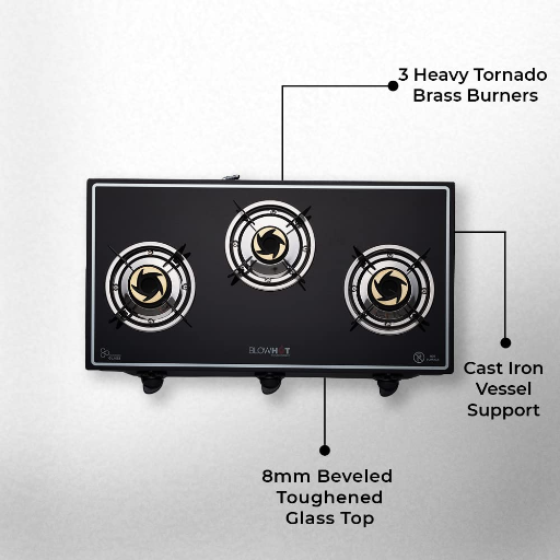 BlowHot Opal 3 Burner Manual Ignition Gas Stove, Toughened Glass, Heavy Tornado Brass Burners, Black Powder Coated Body, ISI Certified, 1 Yr General Warranty (Burner, Gas Valve & Glass - 2 Yr)-https://media.vyaparify.com/vcards/products/232921/product_1747297485_6825a4cdc459e.png Image