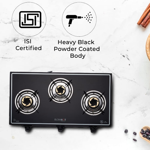 BlowHot Opal 3 Burner Manual Ignition Gas Stove, Toughened Glass, Heavy Tornado Brass Burners, Black Powder Coated Body, ISI Certified, 1 Yr General Warranty (Burner, Gas Valve & Glass - 2 Yr)-https://media.vyaparify.com/vcards/products/232922/product_1747297485_6825a4cdcd1fb.png Image