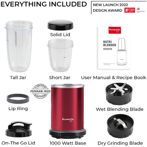 Kuvings Nutri Blender PRO Ferrari Red, Powerful 1000 Watts Motor, Longest Warranty 7 Years, Mixer/Grinder/Smoothie Maker, Blender for Smoothies and Juices, Stainless Steel Body, 2 Blade Set: Wet & Dry (Ferrari Red)-https://media.vyaparify.com/vcards/products/236076/product_1747407861_682753f51892e.png Image