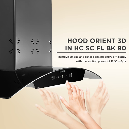 Faber 90cm 1250 m3/hr, 6 way Silent suction, Autoclean Chimney, Filterless,12Yr Warranty on Motor(2Yr Comprehensive), Autoclean Alarm, Mood Lt (HOOD ORIENT 3D IN HC SC FL BK 90,Gesture Control,Black)-https://media.vyaparify.com/vcards/products/241092/product_1747579214_6829f14eb327b.png Image