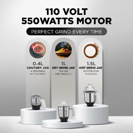 Preethi Eco Plus MG-138 110V, 550 Watt Mixer Grinder with 3 Jars (0.4L Chutney grinding Jar + 1.0L dry grinding Jar + 1.5L Wet grinding Jar, Stainless Steel) with 5 Yrs Motor warranty, White-https://media.vyaparify.com/vcards/products/250747/product_1747917756_682f1bbcaa607.png Image
