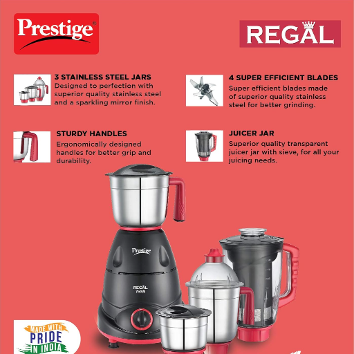 Prestige Regal Mixer Grinder, 750W, 3 Stainless Steel Jar + 1 Juicer Jar, Multi-Color-https://media.vyaparify.com/vcards/products/259107/product_1748265828_68346b6496845.png Image