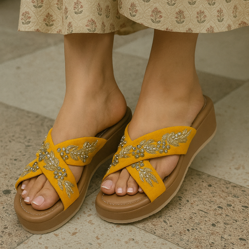 Yellow color Hand Dabka Work Kolhapuri Wedges-https://media.vyaparify.com/vcards/products/315890/product_1753724858_6887b7bad66a6.png Image
