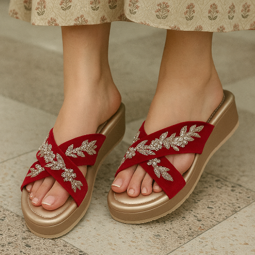  Red color Color Hand Dabka Work Kolhapuri Wedges CHOUHAN BROS ADALAT BAZAROPP JAGDISHJEWELLERS PATIALA