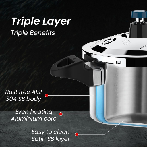 Ultra Triply Krono Pressure Cooker 3 Litre | Whistle Counter | Spillage Control | AISI 304 Food Grade Stainless Steel Cooker | 5 Years Warranty-https://media.vyaparify.com/vcards/products/389533/product_1761033474_68f73d02ae71a.png Image