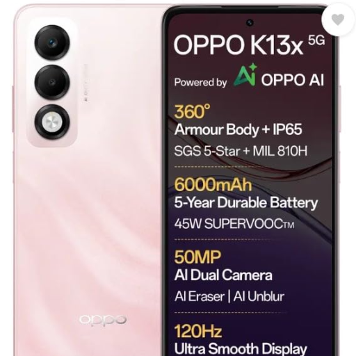 OPPO K13x 5G 6000mAh and 45W SUPERVOOC Charger & AI (Sunset Peach, 128 GB) (6 GB RAM)-https://media.vyaparify.com/vcards/products/404978/product_1762591802_690f043ab2b11.png Image