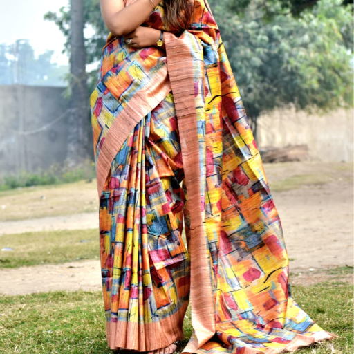 Tussar Ghicha silk saree with Digital print Design - Image 1