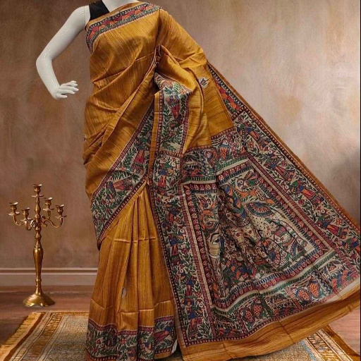 Tussar Ghicha silk saree with Madhubani Hand paint art - Image 1