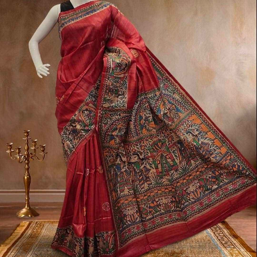 Tussar Ghicha silk saree with Madhubani Hand paint art - Image 2