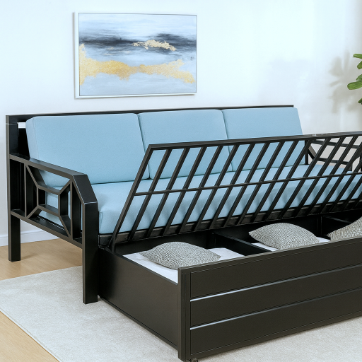 Premium Size Black Matte Finish Metal Sofa Cum Bed With Hydraulic Storage - Image 1