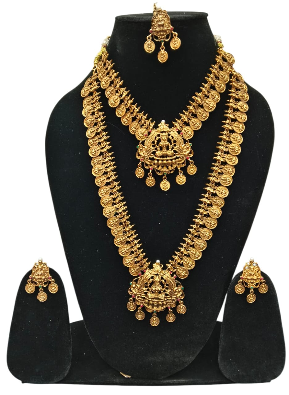 Temple Style Gold Coin Long Hara & Necklace Set in Bangalore - Antique Gold Finish with Lakshmi Motif-https://media.vyaparify.com/vcards/products/455075/product_1765802246_6940010684229.png Image