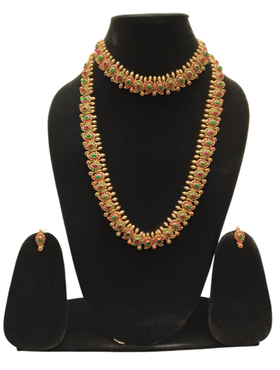 Temple Style Antique Long Hara & Necklace Set - Green & Maroon-https://media.vyaparify.com/vcards/products/455100/product_1765803068_6940043c318c8.png Image