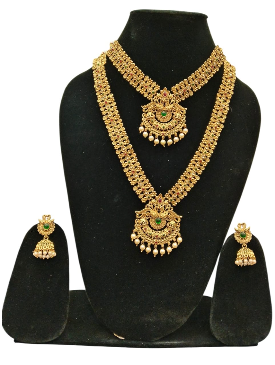 Imitative Jewellery Antique Gold Finish Floral & Peacock Design Temple Long Hara & Necklace Set - Elegant Red, White & Green Stones-https://media.vyaparify.com/vcards/products/455136/product_1765804973_69400badd2380.png Image