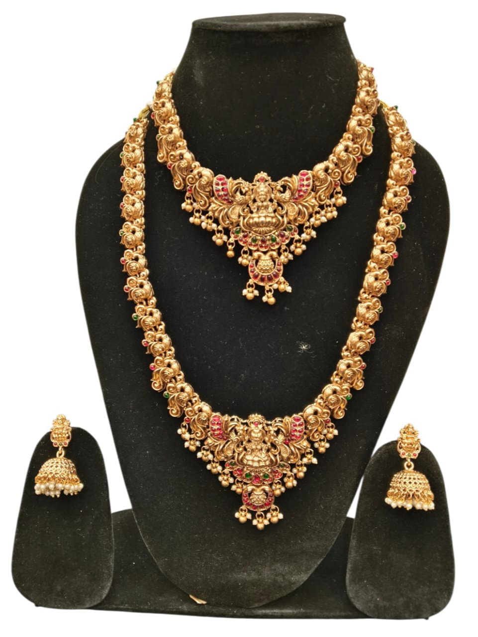 Antique Gold Finish Temple Style Long Hara & Necklace Set With Lakshmi Motifs & White Beads Drops-https://media.vyaparify.com/vcards/products/455149/product_1765806094_6940100e4ed49.png Image