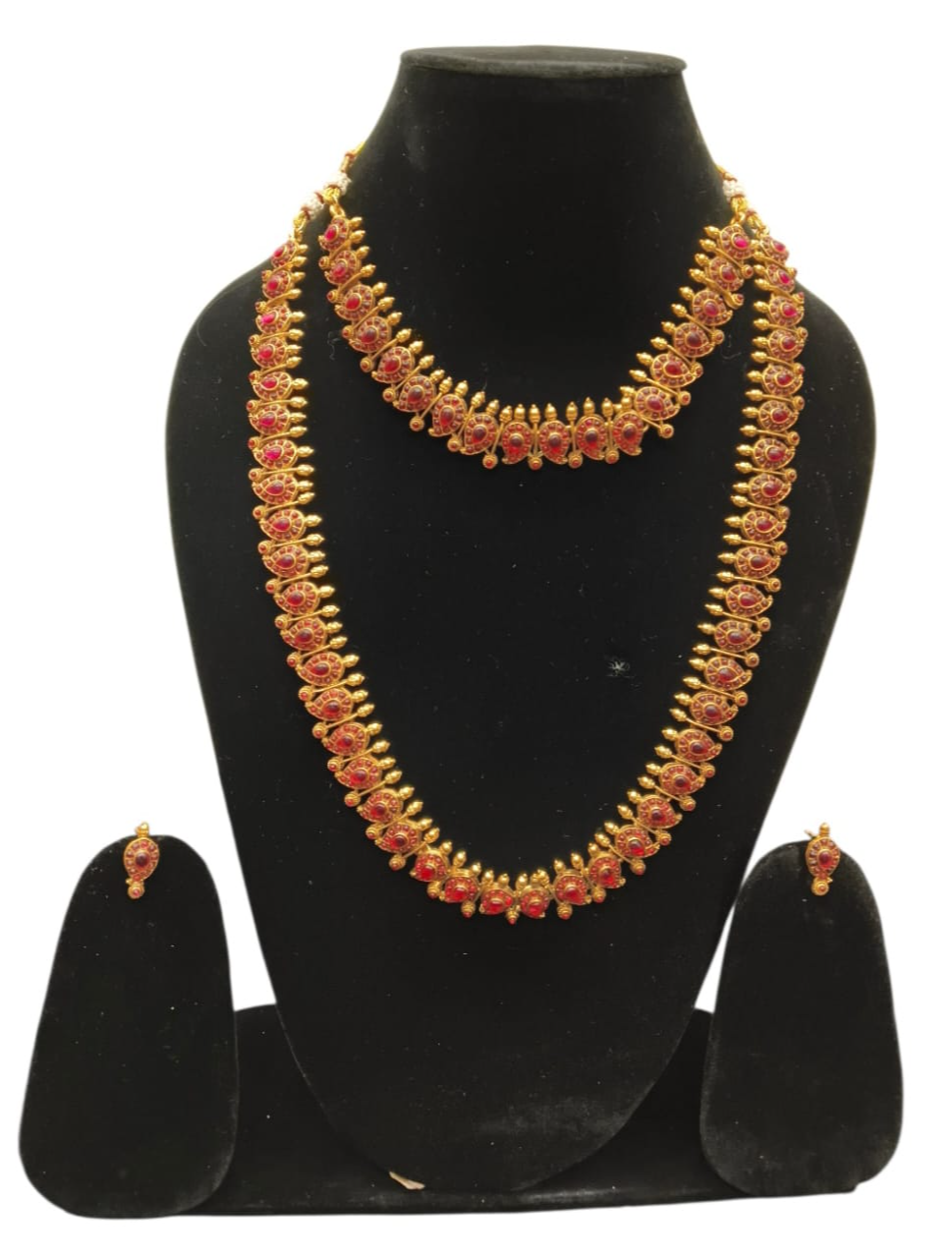 Antique Jewelry - Temple Style Long Hara & Necklace Set - Maroon Stone-https://media.vyaparify.com/vcards/products/455161/product_1765806799_694012cf37f57.png Image