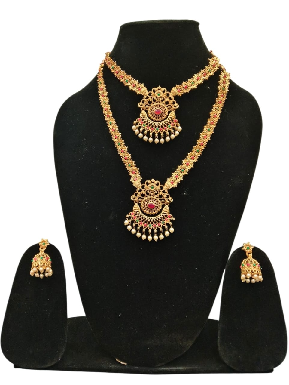  Floral Filigree Long Hara & Necklace Set with Red & Maroon Stones LUCKY COLLECTIONS NO 334 M 1ST FLOOR 5TH CROSS ROAD MKS LAYOUT DK SANDRA GOVT HIGH SCHOOL DODDAKALLASANDRA LANDMARK BESIDE GOVT HIGH SCHOOL 80FEET ROAD ANJ