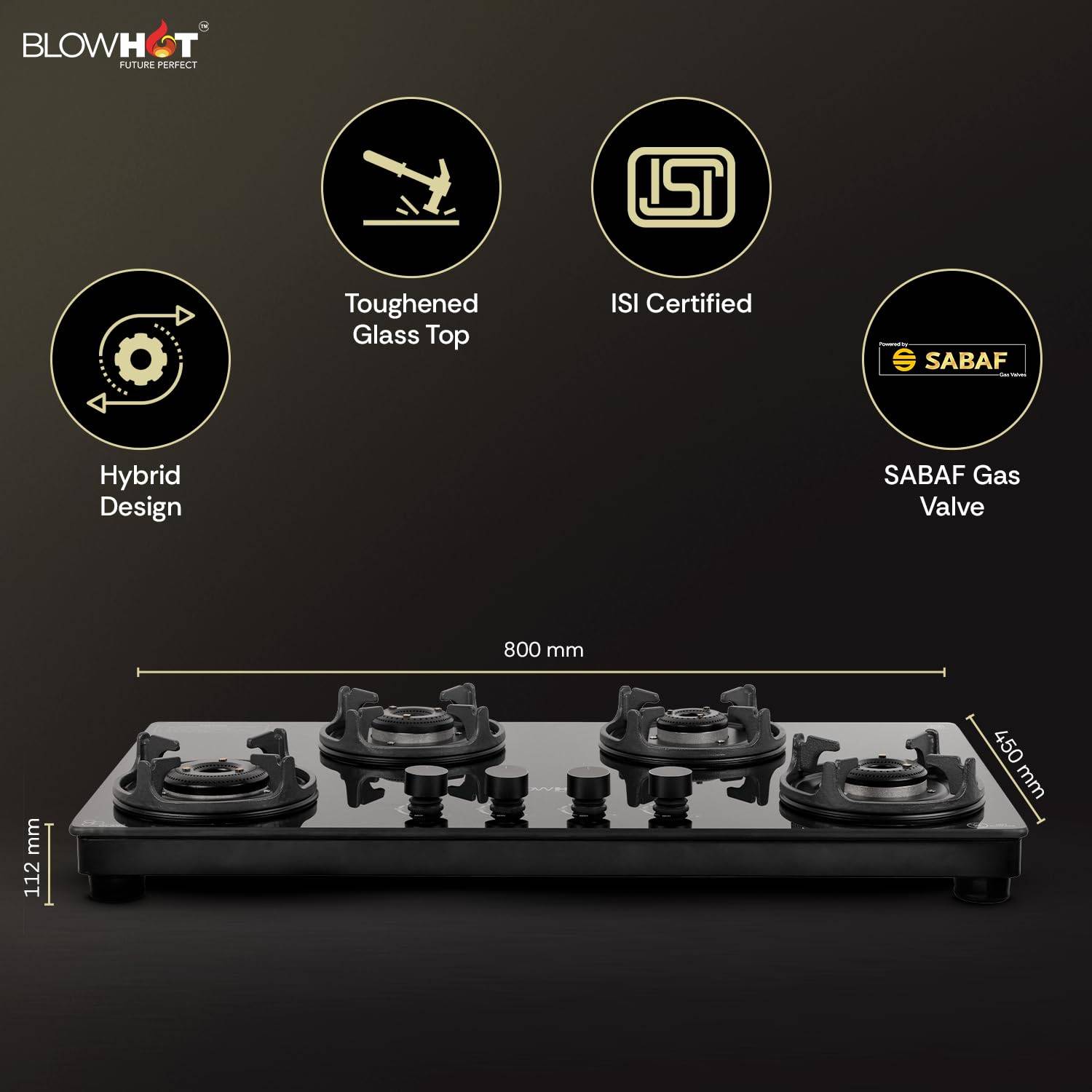 BLOWHOT Amber 4 Burner Gas Stove, Manual-Ignition, Coated Forged Indian Brass Burners, Hybrid Design, SABAF Gas Valve, 2 Years Warranty on Burner, 5 Years Warranty By Blowhot on Glass & Gas Valve - Image 1