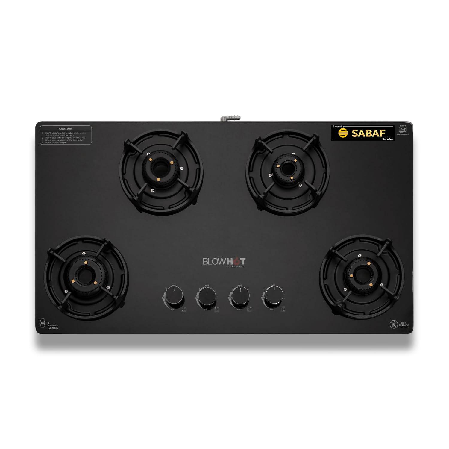 BLOWHOT Amber 4 Burner Gas Stove, Manual-Ignition, Coated Forged Indian Brass Burners, Hybrid Design, SABAF Gas Valve, 2 Years Warranty on Burner, 5 Years Warranty By Blowhot on Glass & Gas Valve - Image 2