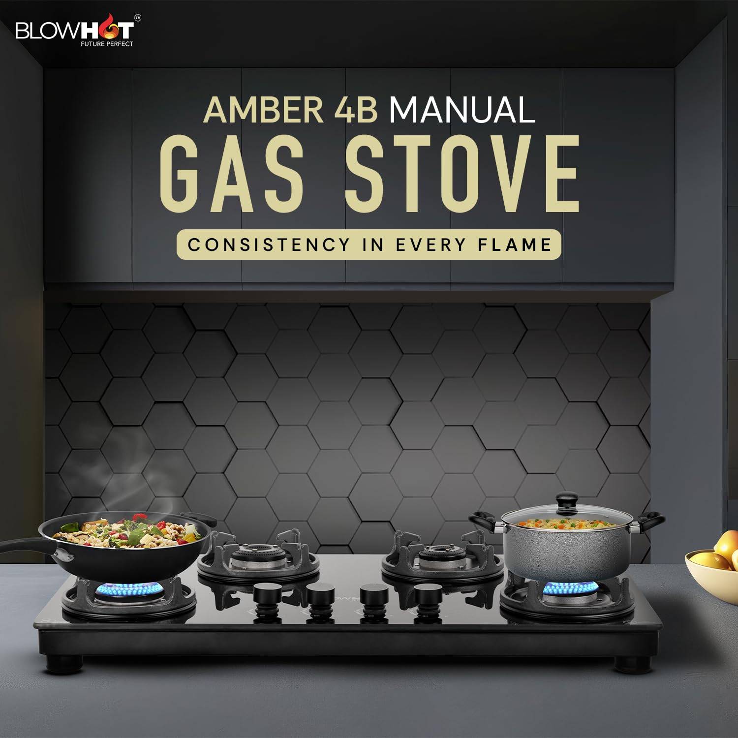 BLOWHOT Amber 4 Burner Gas Stove, Manual-Ignition, Coated Forged Indian Brass Burners, Hybrid Design, SABAF Gas Valve, 2 Years Warranty on Burner, 5 Years Warranty By Blowhot on Glass & Gas Valve - Image 3