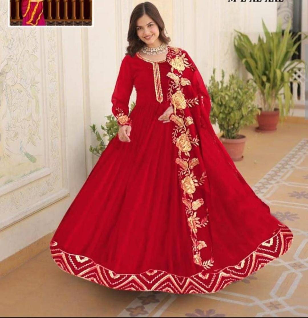 Anarkali Gown - Elegant Red Anarkali Gown in Kurti Solution Jaipur - Gold Floral Embroidery-https://media.vyaparify.com/vcards/products/482875/product_1768040947_696229f35d0a8.png Image