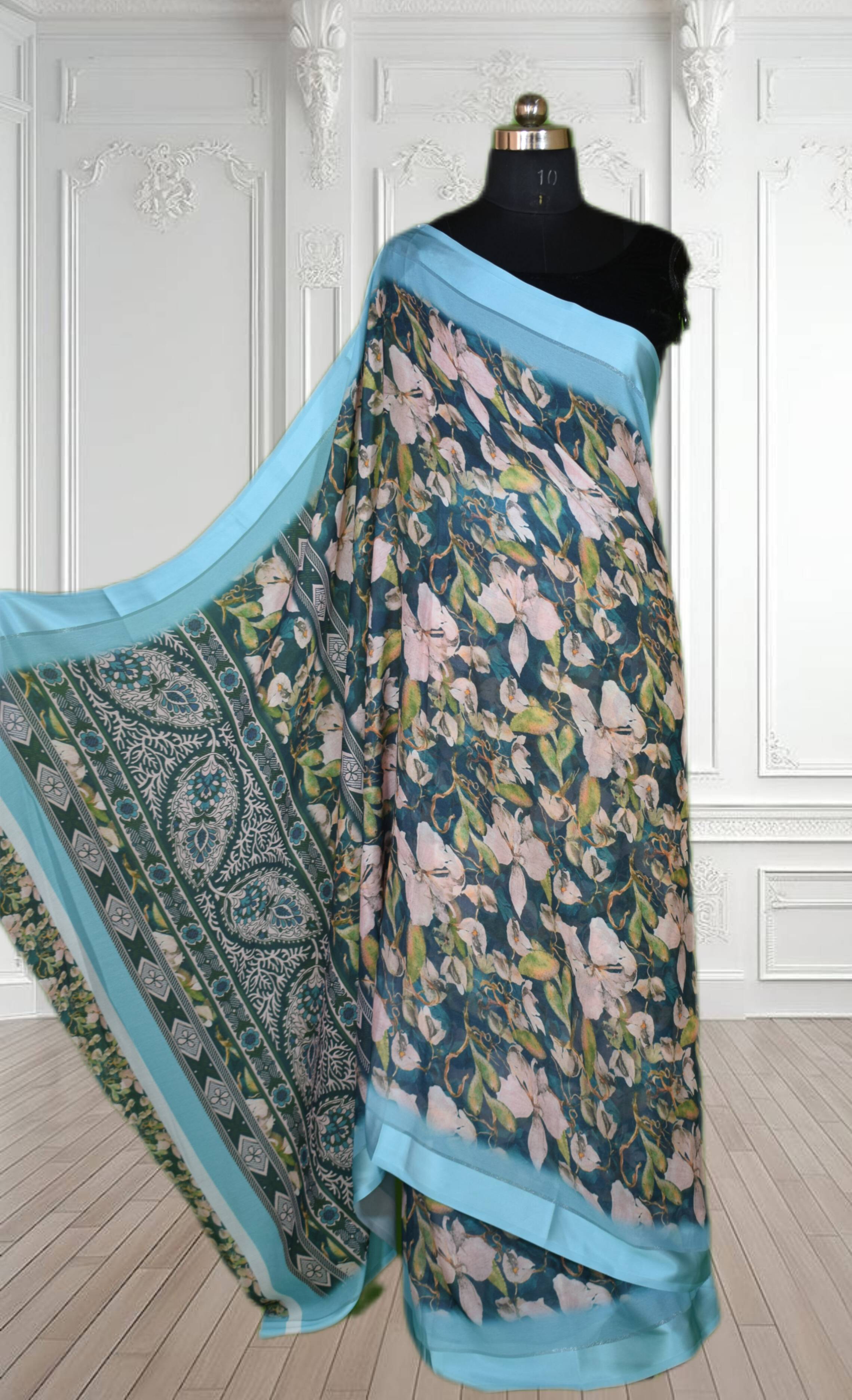 Ethnic Saree - Shimmer with Satin Patta Border Saree in Jabalpur - Floral Print-https://media.vyaparify.com/vcards/products/488391/product_1768556492_696a07cc2ab9d.png Image