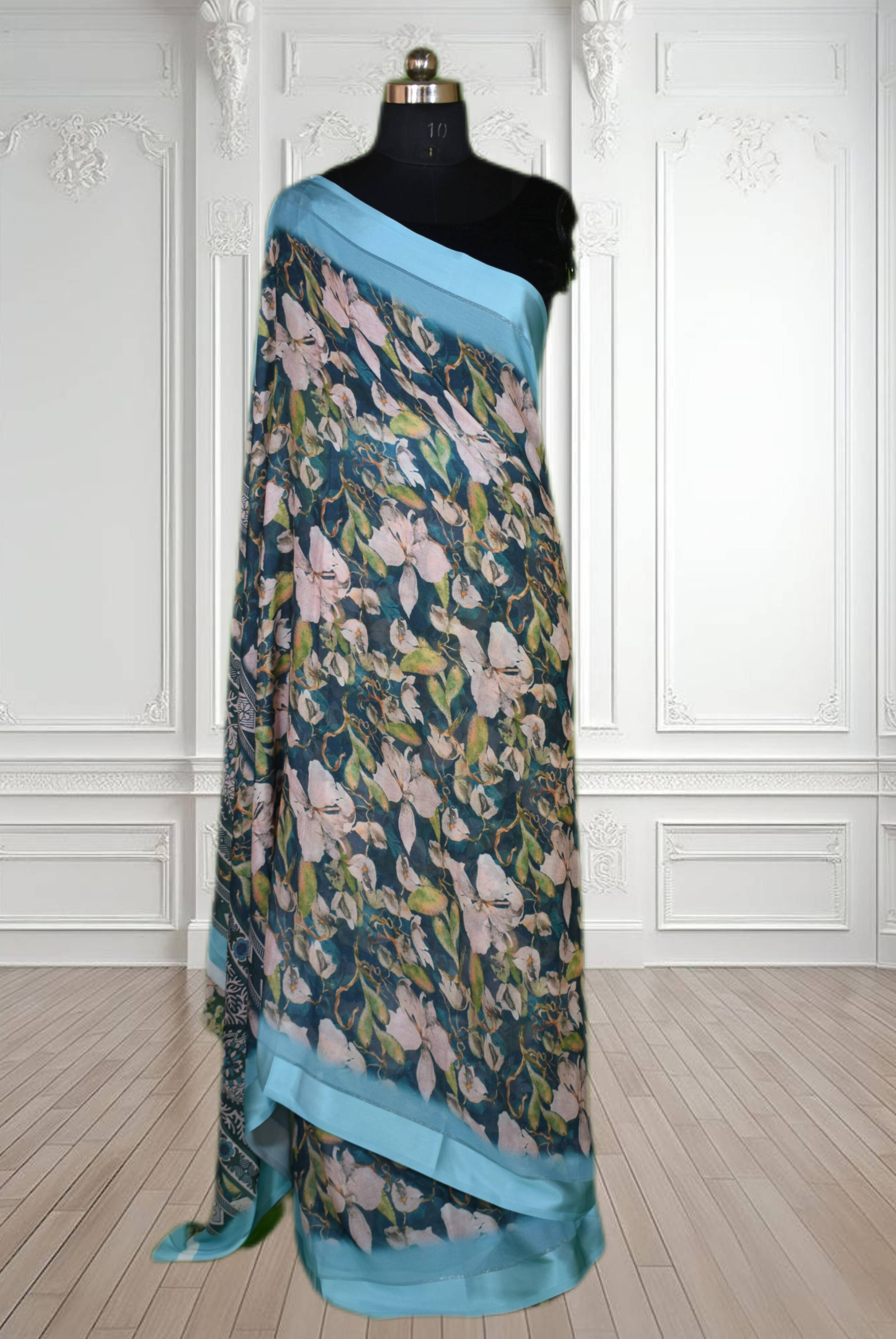 Ethnic Saree - Shimmer with Satin Patta Border Saree in Jabalpur - Floral Print-https://media.vyaparify.com/vcards/products/488394/product_1768556492_696a07cc7040e.png Image