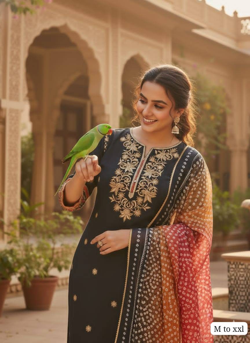 Cotton Embroidered Kurta Set with Golden Lace Work - ethnic wear: cotton 60*60 embroidery work kurta in brahmaniyapara with golden less work - Buy Online at RIDDHI FASHION