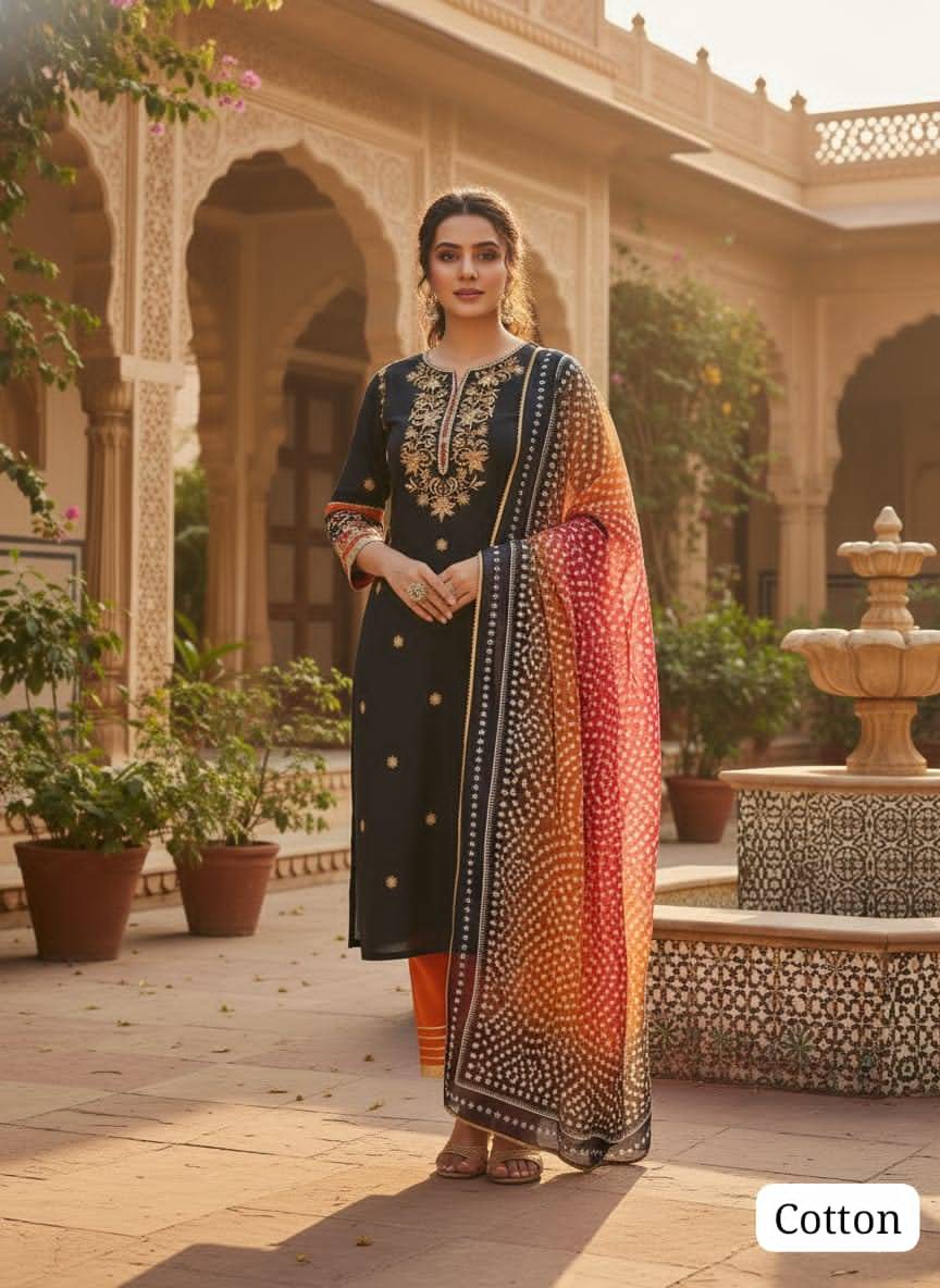 Cotton Embroidered Kurta Set with Golden Lace Work - Image 1