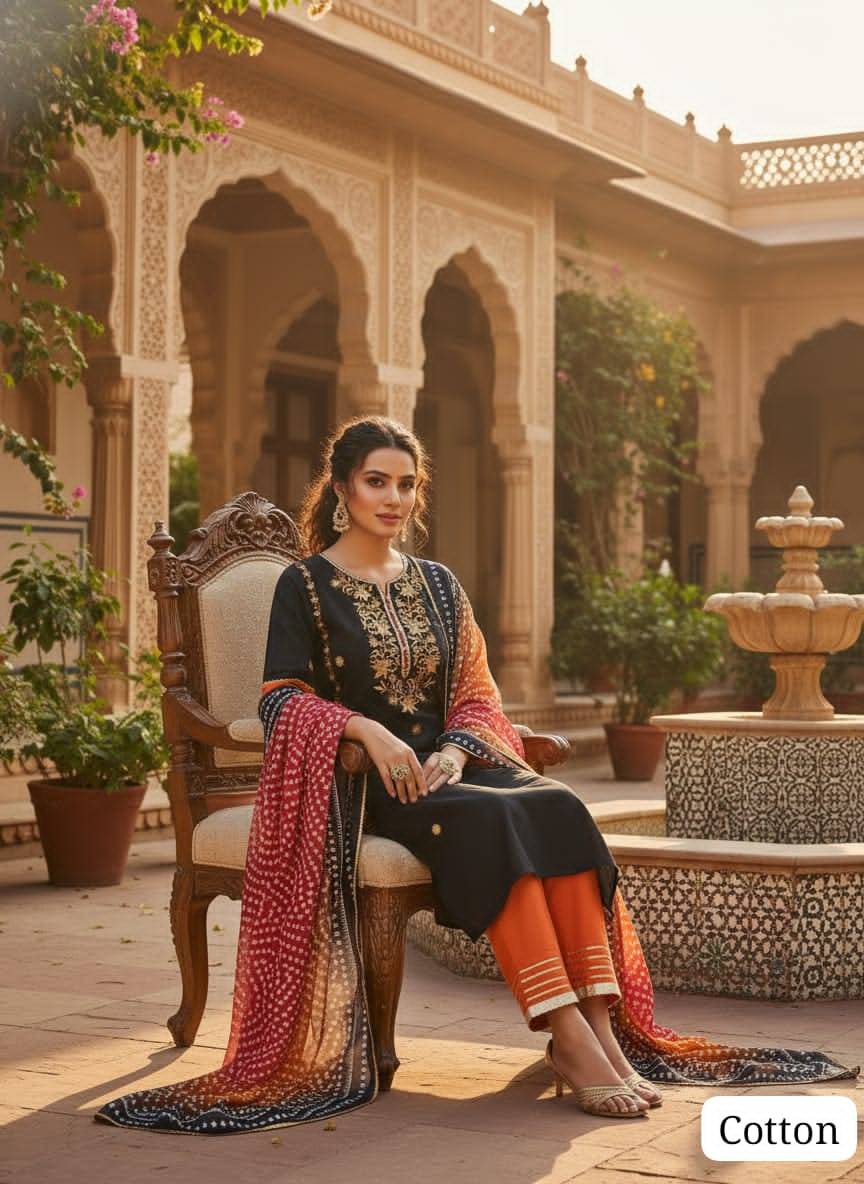 Cotton Embroidered Kurta Set with Golden Lace Work - Image 2