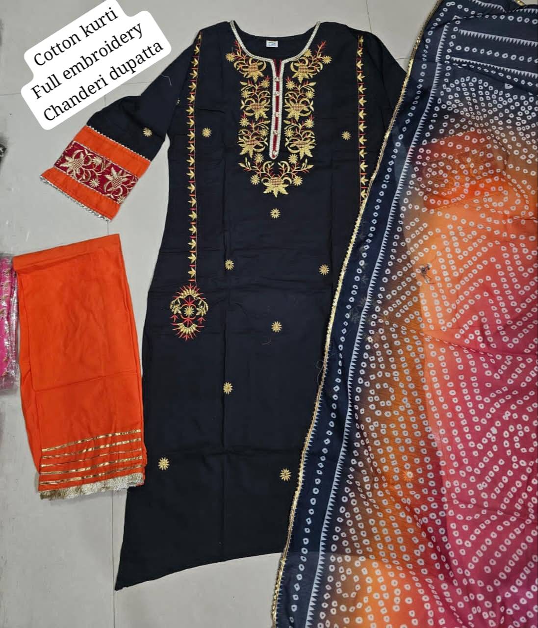 Cotton Embroidered Kurta Set with Golden Lace Work - Image 3