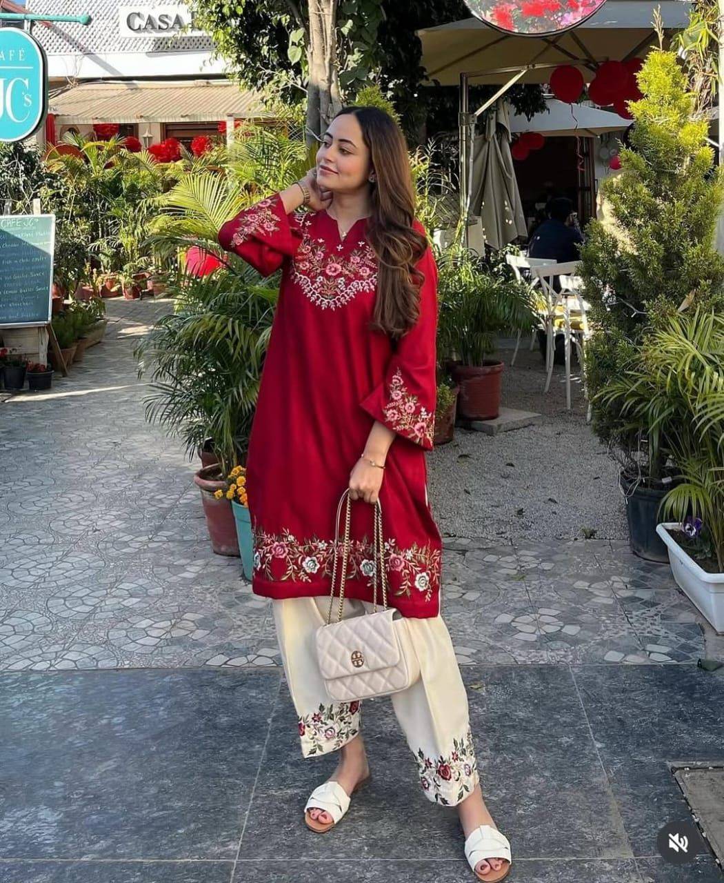 Fashion/Co-ord Set in BRAHMANIYAPARA - Red Embroidered, Premium Pure Cotton - Image 1