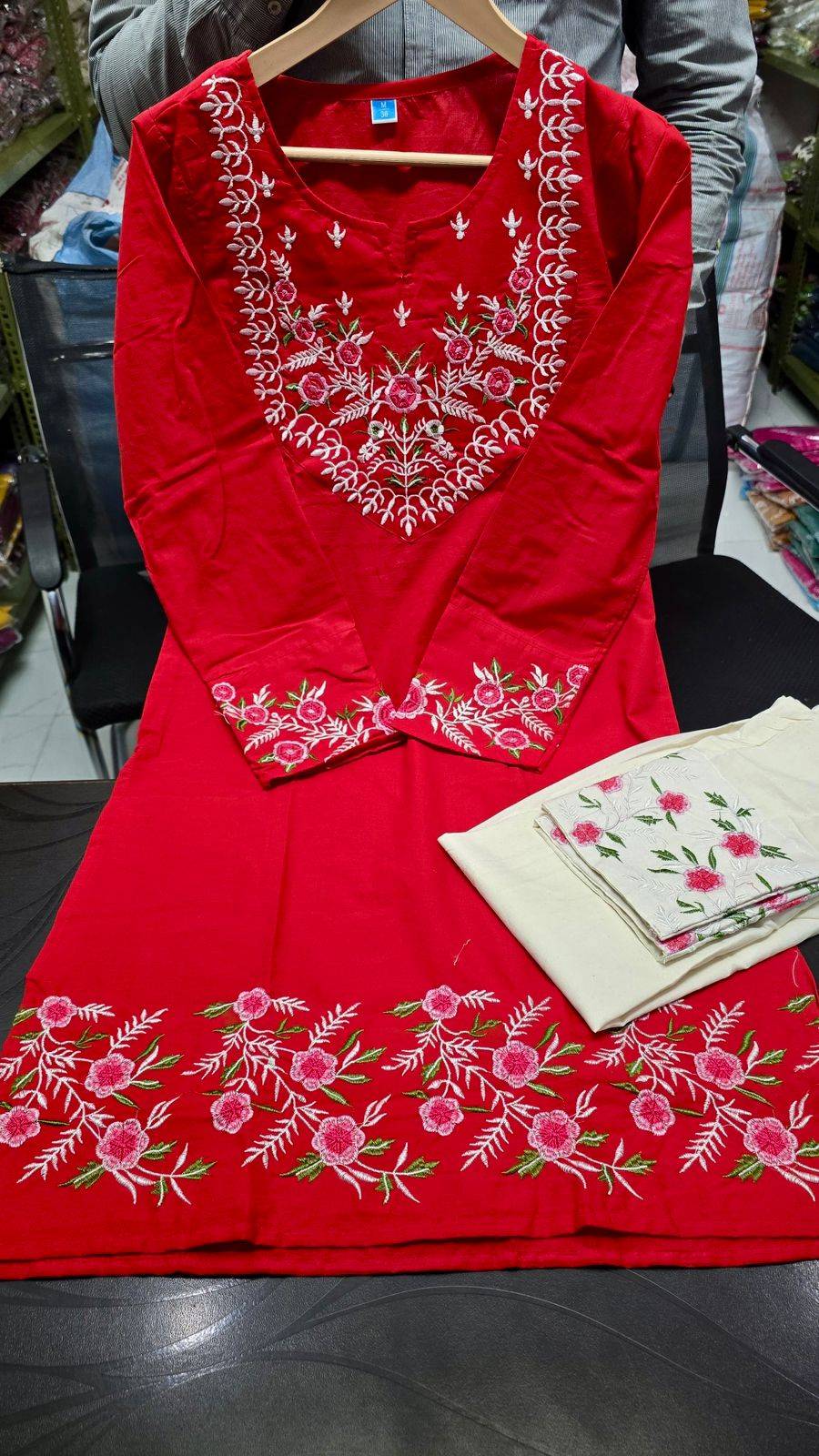 Fashion/Co-ord Set in BRAHMANIYAPARA - Red Embroidered, Premium Pure Cotton - Image 3