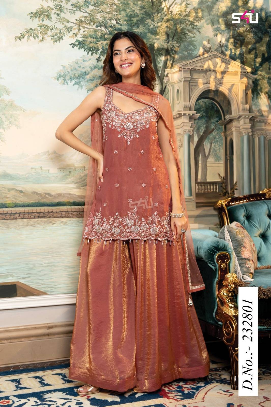 Premium Rust-Peach Sharara Set Heavy Embroidered Kurti - ✨ premium rust-peach sharara set ✨  ✔ heavy embroidered kurti ✔ rich shimmer sharara with elegant fa - Buy Online at RIDDHI FASHION