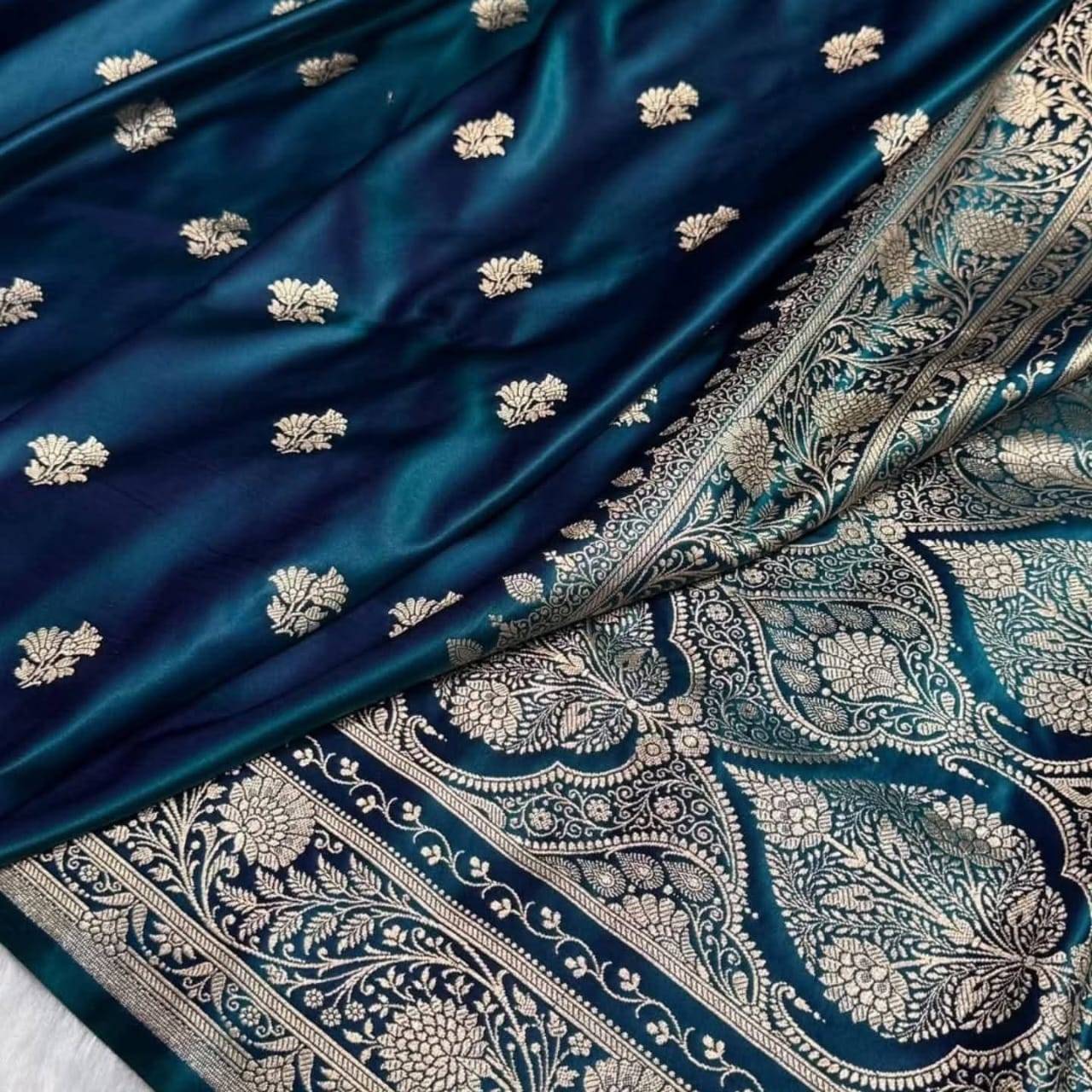 DBA SAREE WAVES Banarasi Mashru Silk Saree in Varanasi Sapphire Color with Buti Design - Image 1