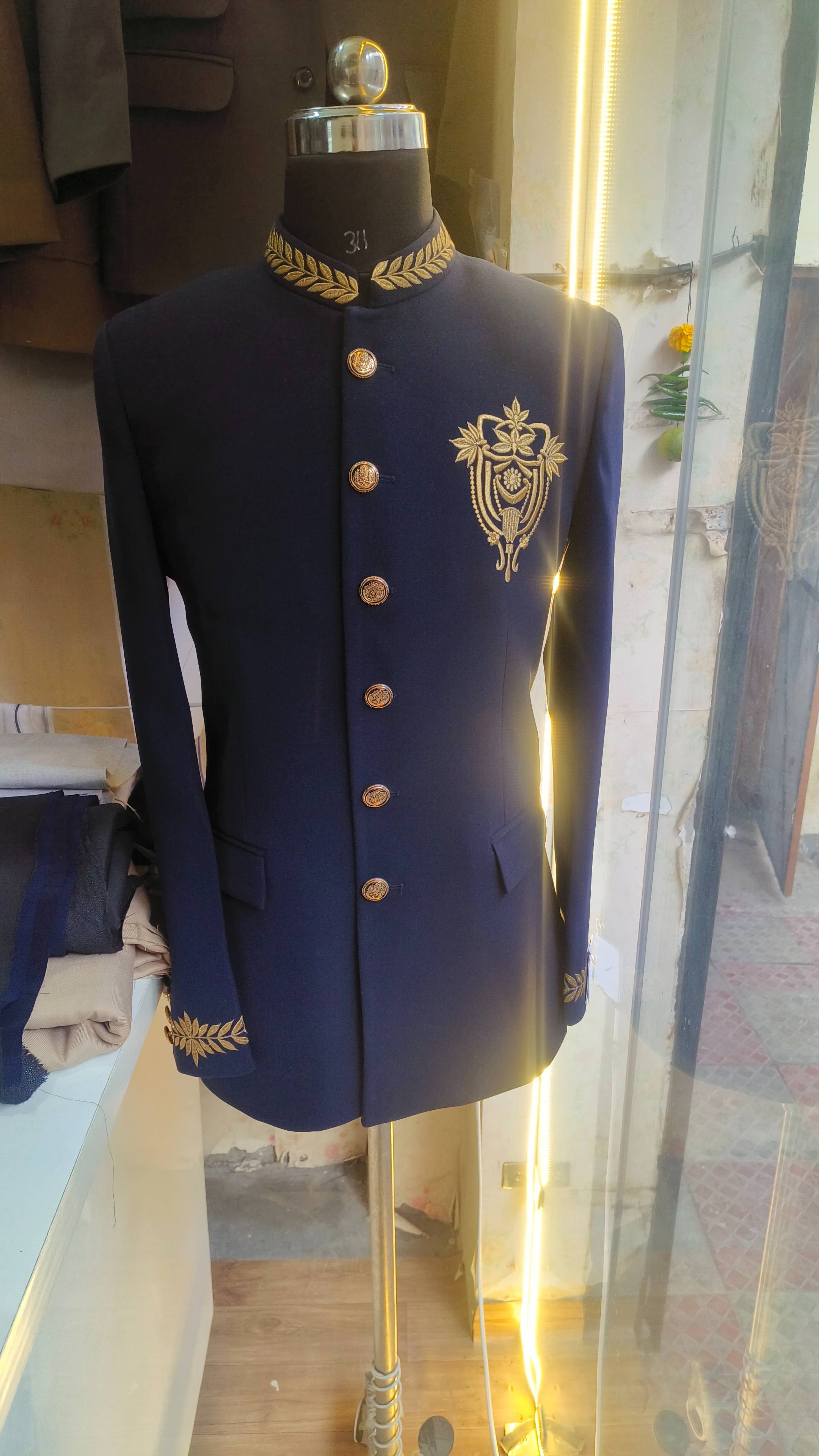 Men's Ethnic Wear: Navy Blue Embroidered Bandhgala Jacket in New York - Elegant and Stylish -  - Buy Online at SONU TAILOR