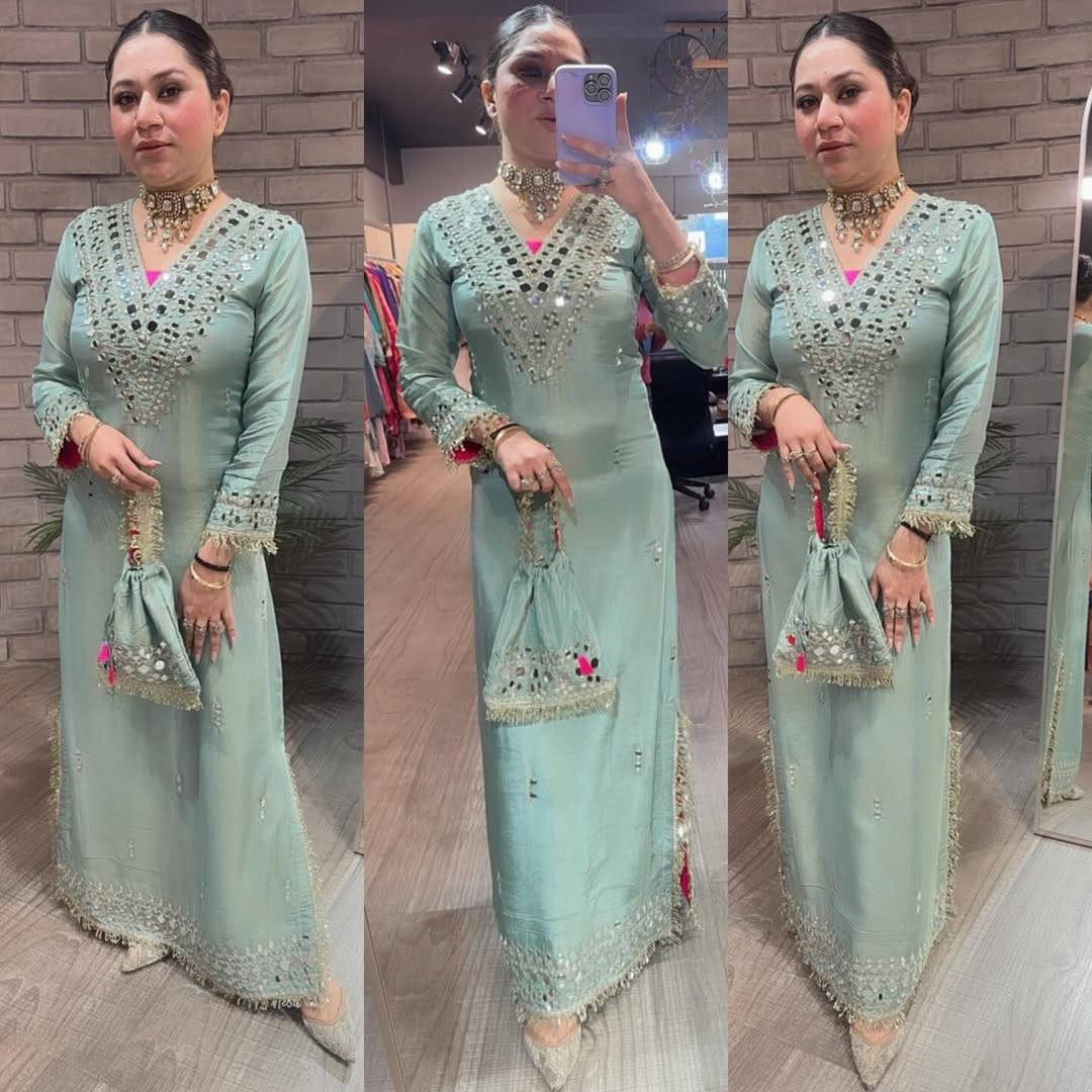 Gorgeous one piece long dress made in pure primium tissue fabric with real mirror hand work with complimentary potli -  - Buy Online at RIDDHI FASHION