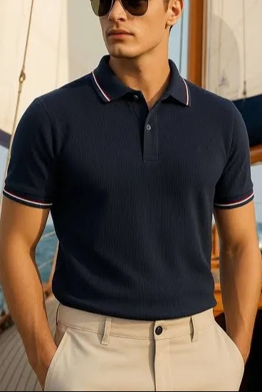 Men's Classic Navy Polo Shirt in Siras Weir with Ribbed Collar and Cuffs -  - Buy Online at ASHISH KUMAR SHARMA