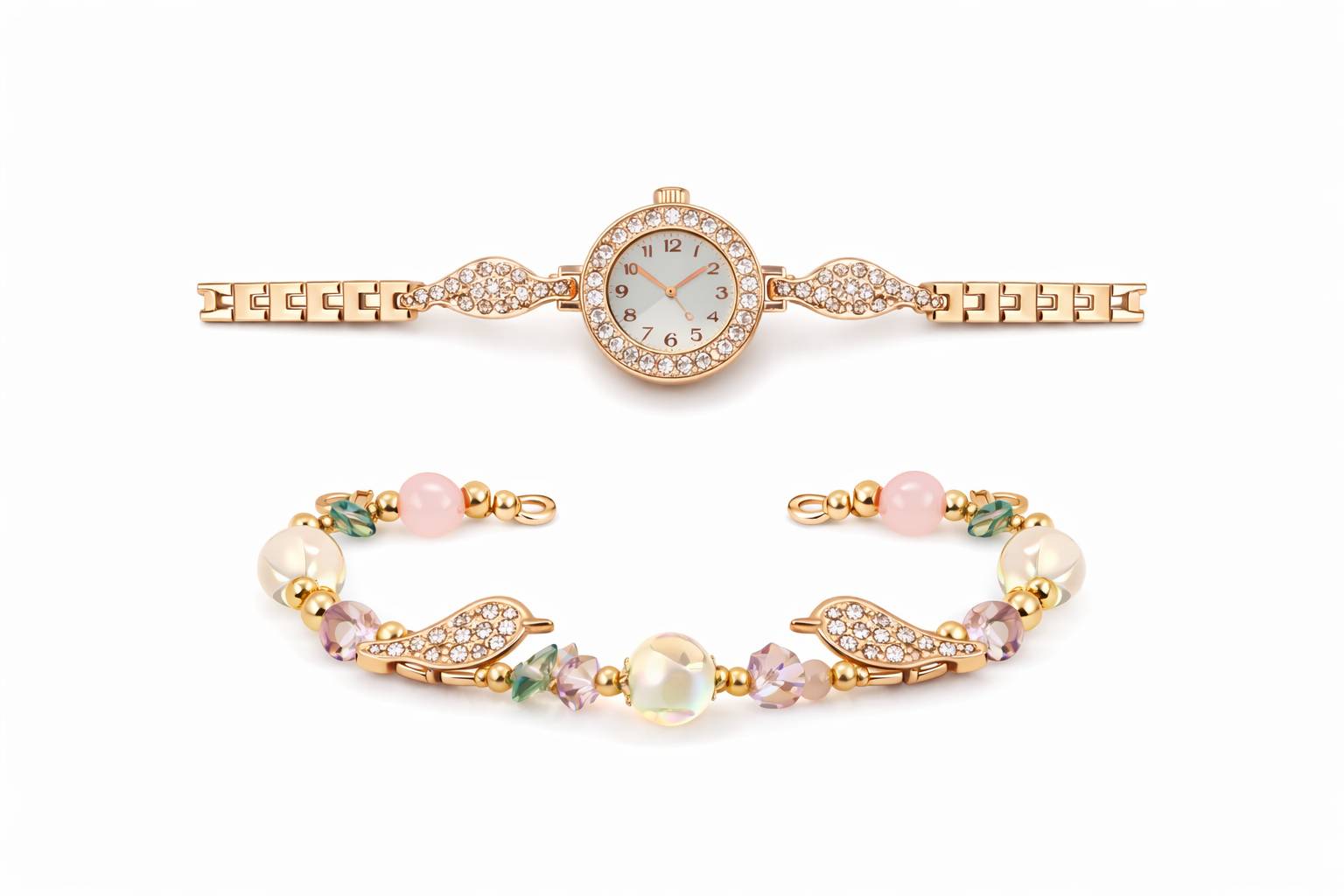 Elegance Pearl and Crystal Watch Set in Amroha - Timeless Elegance