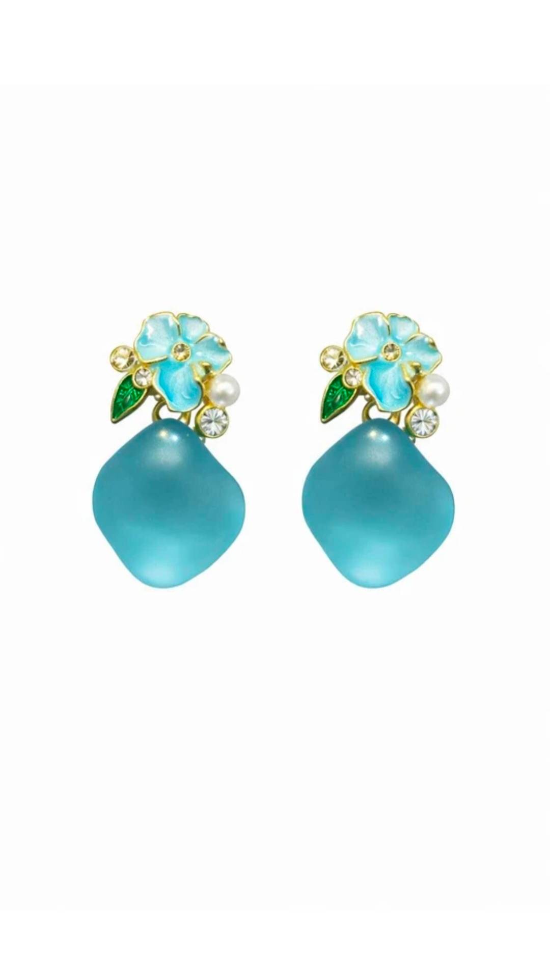 Jewelry/ Earrings in Amroha: Blue Floral Drop Earrings with Pearl & Crystal Embellishments