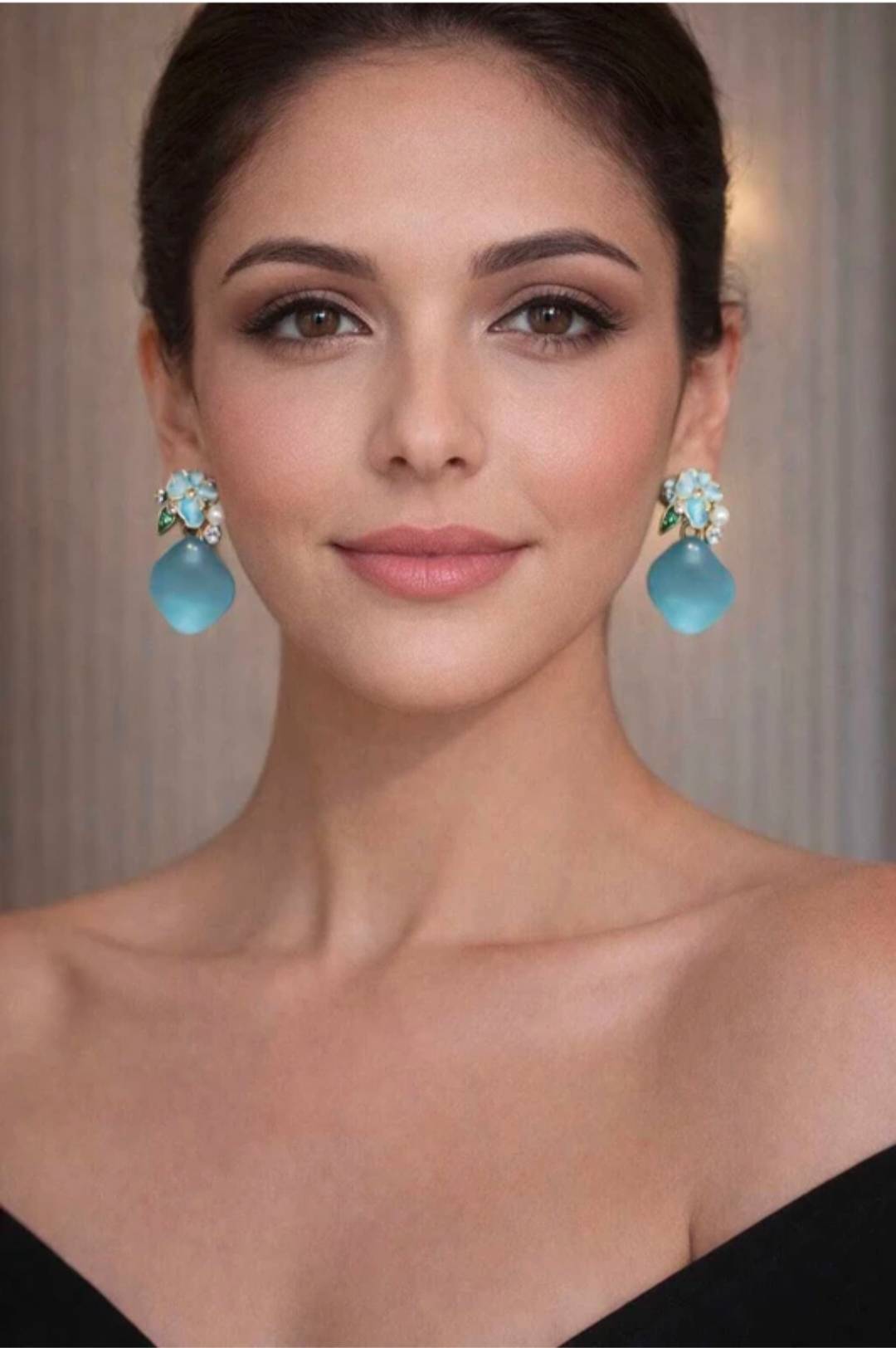 Jewelry/ Earrings in Amroha: Blue Floral Drop Earrings with Pearl & Crystal Embellishments - Image 2