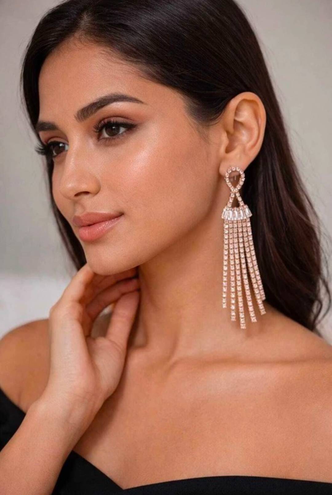 Elegant Rose Gold Tassel Earrings in Amroha - Sparkling Crystals - Image 2