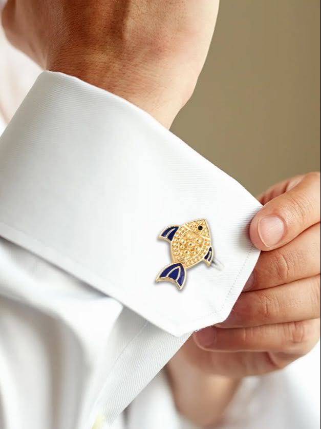 Men's Accessories: Elegant Gold Plated Fish Cufflink in Johkibazar - Sophistication Redefined -  - Buy Online at SANCTUARY OF JEWELS