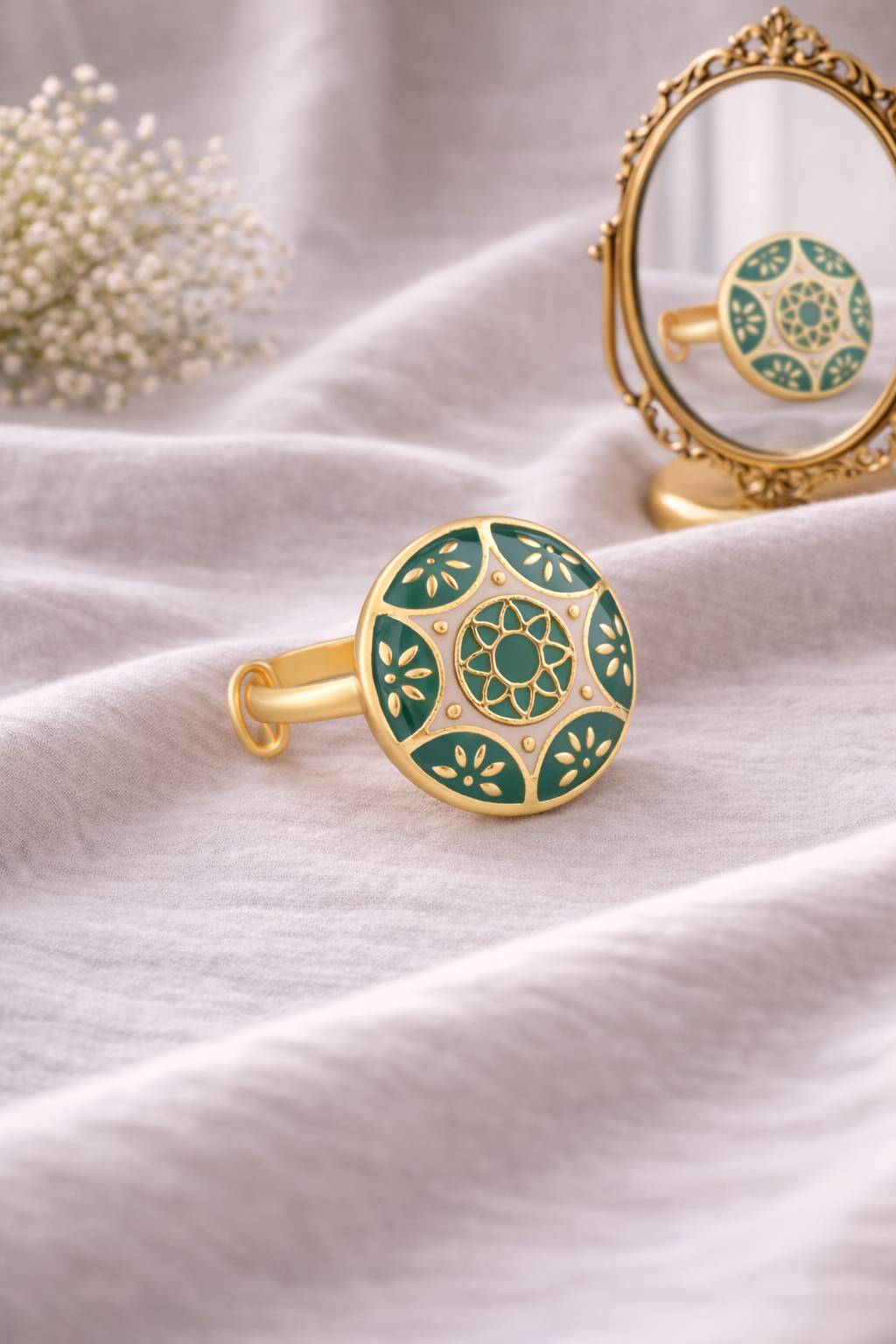 Jewelry/Gold Plated Adjustable Green Ring in Johkibazar - Elevate Your Style -  - Buy Online at SANCTUARY OF JEWELS