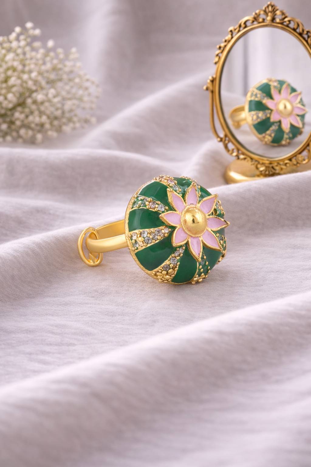 Jewelry/Gold Plated Ring in Johkibazar Green Floral Accent -  - Buy Online at SANCTUARY OF JEWELS