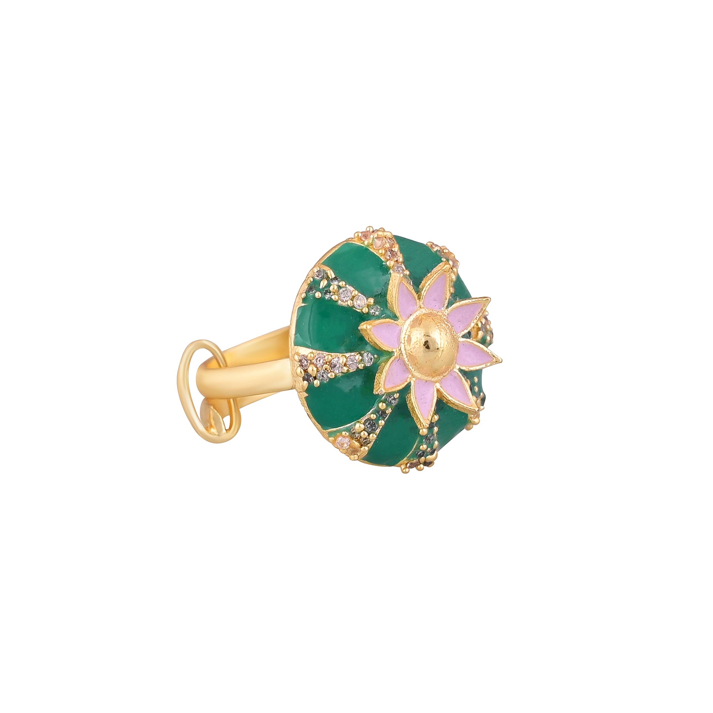 Jewelry/Gold Plated Ring in Johkibazar Green Floral Accent - Image 1