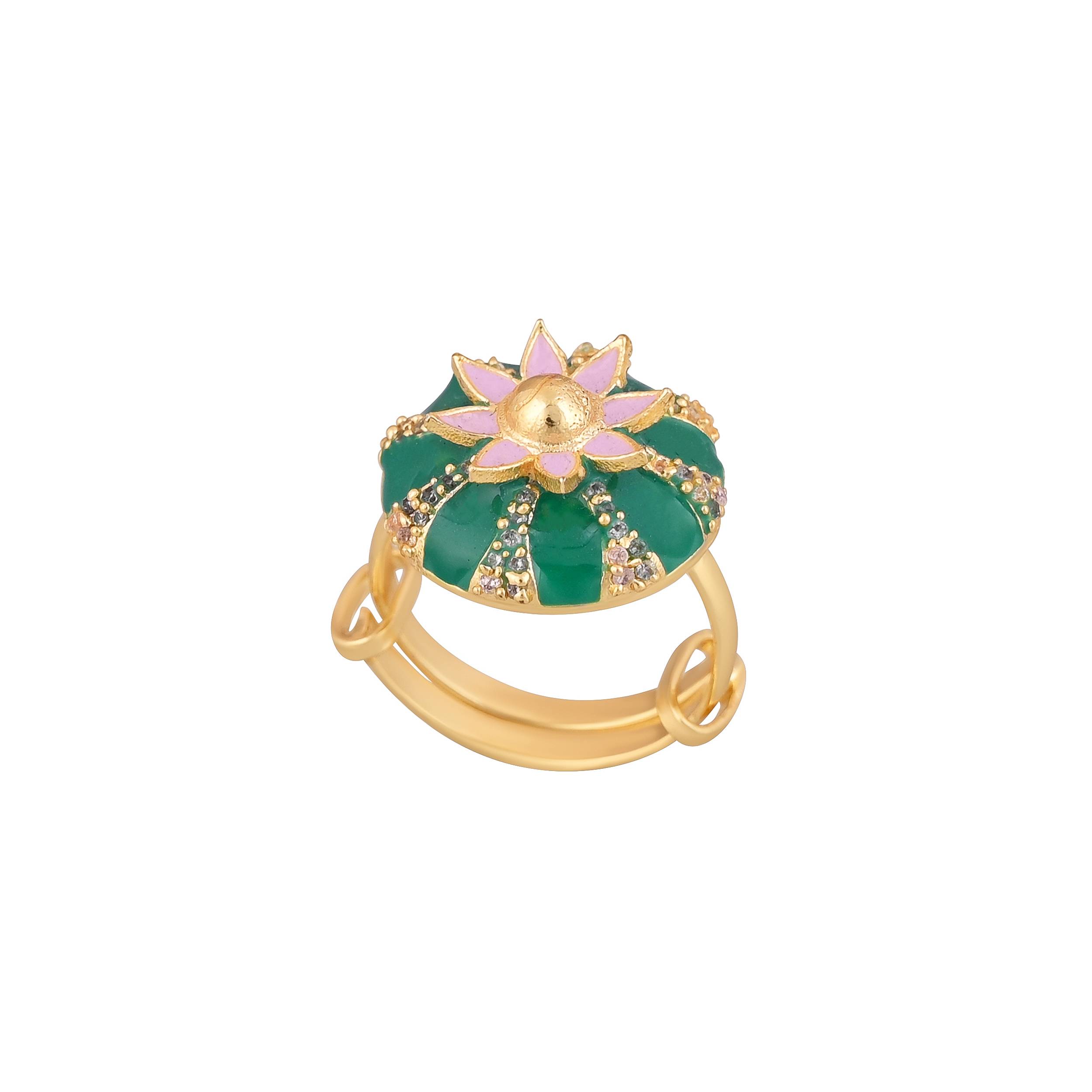 Jewelry/Gold Plated Ring in Johkibazar Green Floral Accent - Image 2